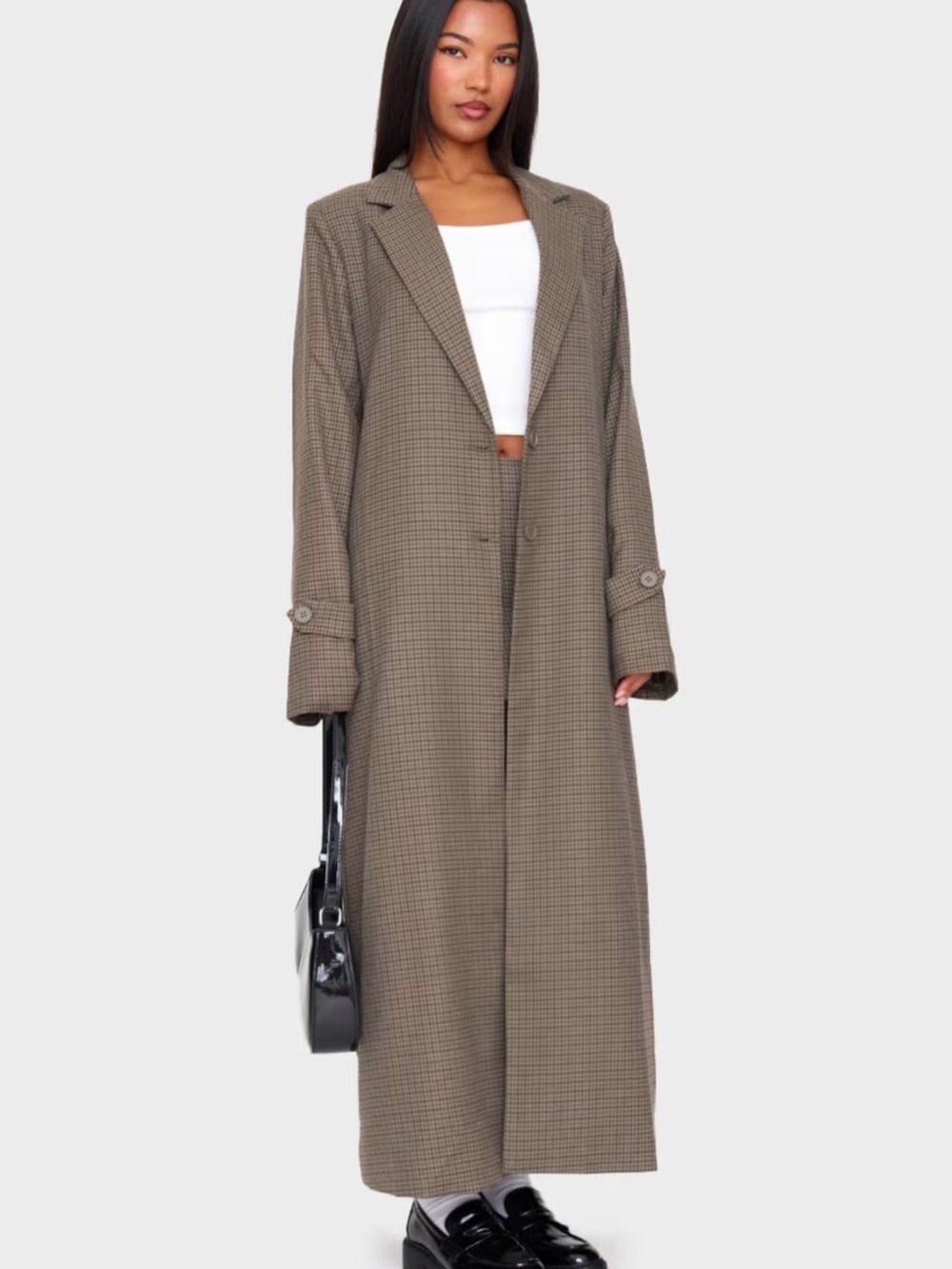 PrettyLittleThing Brown Houndstooth Longline Duster Coat - Picture 1 of 16